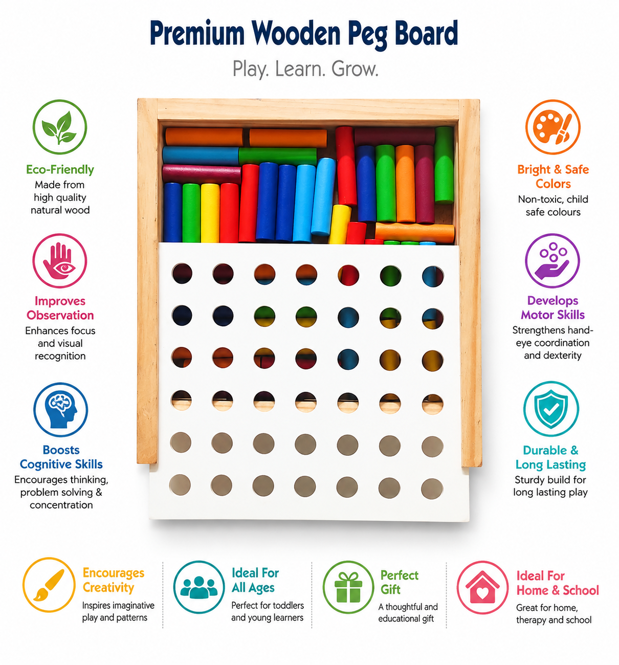Wooden Peg Board for Kids | Montessori Fine Motor Skills Learning Toy | Educational Activity Board